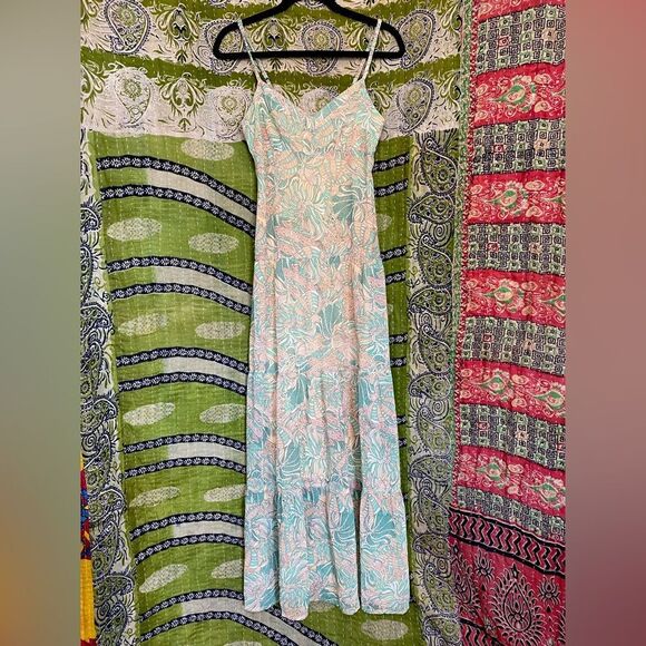 🚨FINAL OFFER Love 21 Forever 21 Cream and Green Floral Maxi Dress Extra Small - Picture 1 of 16